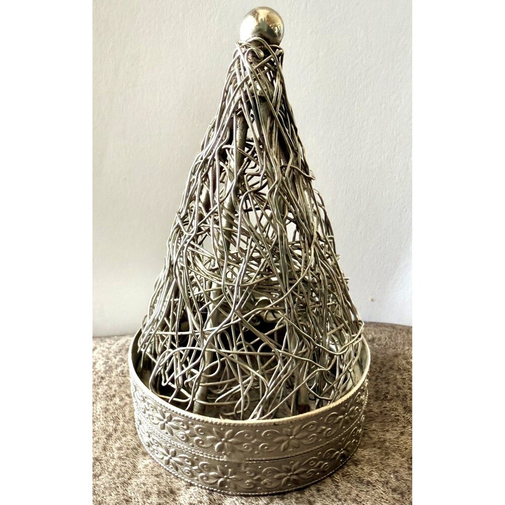 Silver Twist Wire Christmas Tree with base Ball On Top Table Decoration 5” Tall